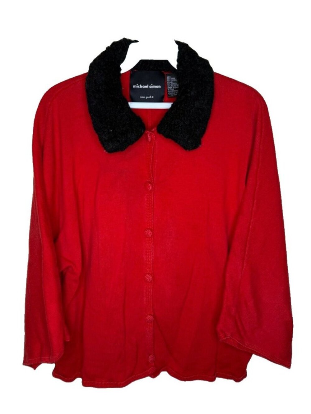 Vintage 90s Michael Simon Cardigan Sweater Faux Fur Shag Collar Red